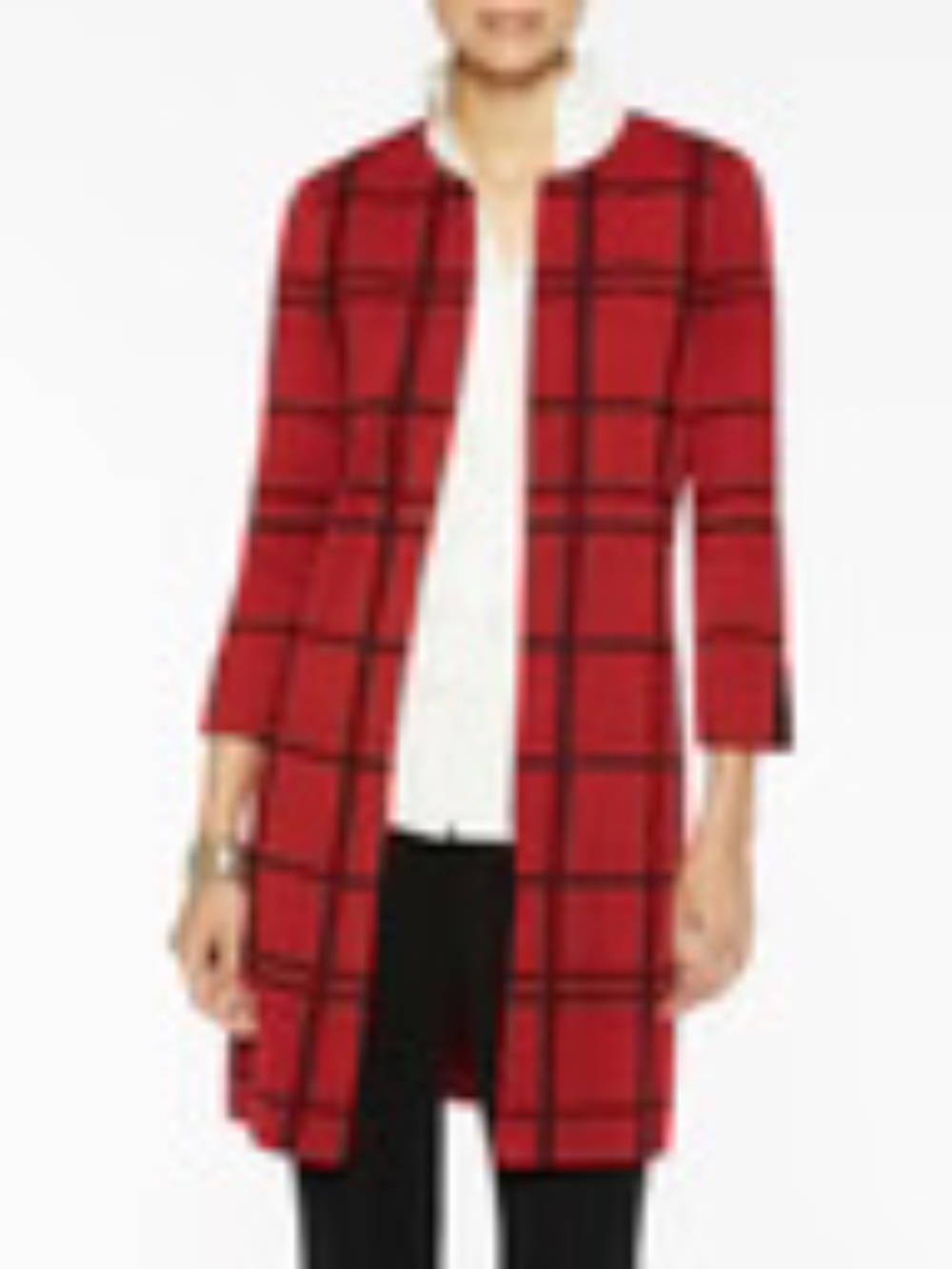Misook 3-Piece Chic Knit Set (M) Graphic Plaid Topper, Black pants, White Blouse